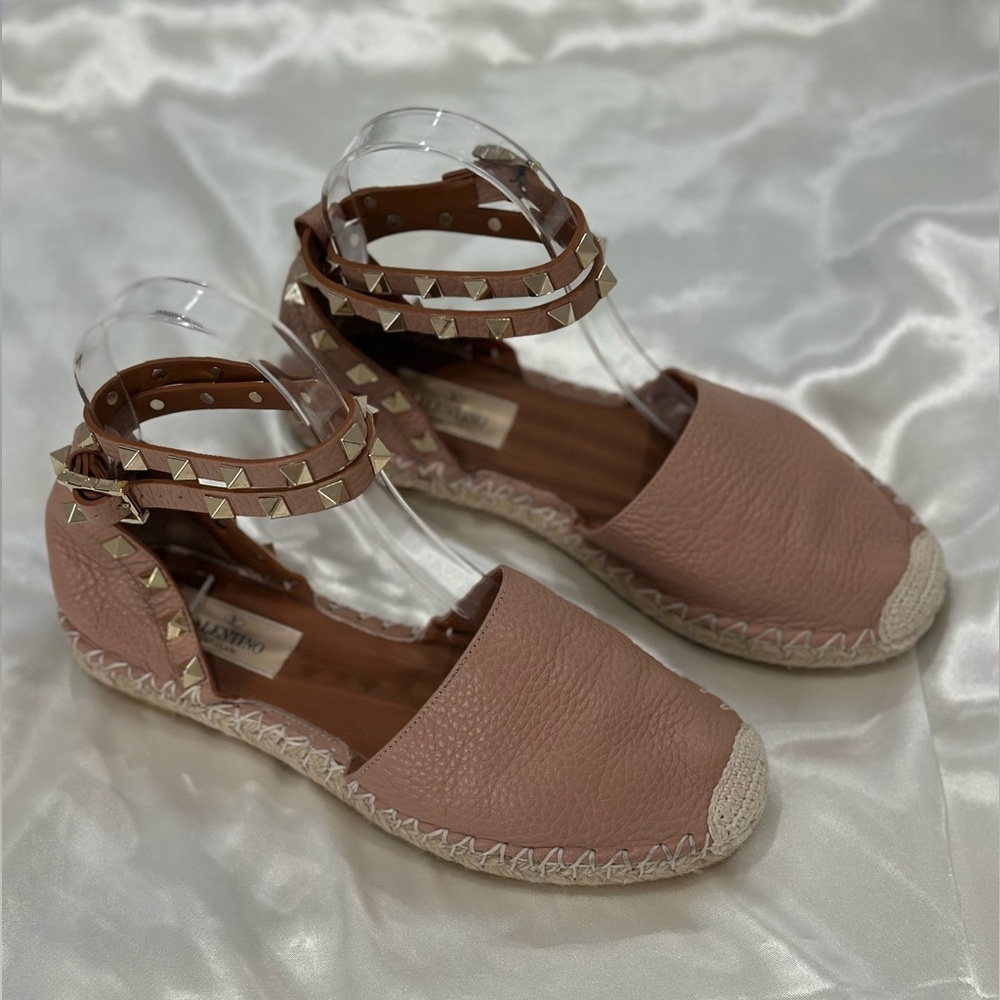 Valentino Garavani Rockstud Espadrille Sandals Leather Wrap Ankle Poudre Pink 35 - Picture 4 of 12